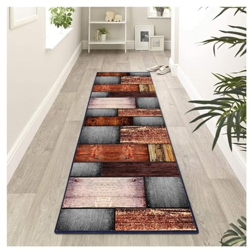 Siunwdiy Teppich läufer Flur küche 60X160cm rutschfest waschbar Vintage Bunte Lange küchenläufer 132D Holzmuster Illusions Korridor -teppichläufer küchenteppich meterware anpassbar