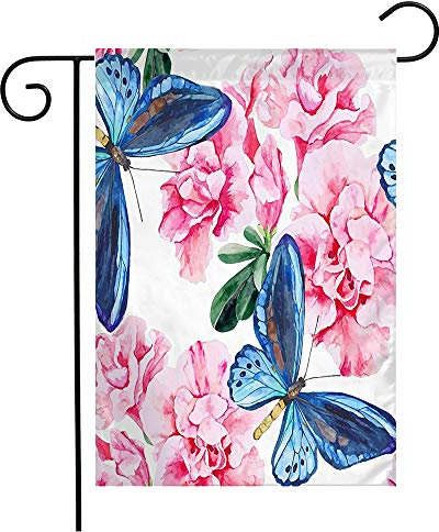 Gartenflagge Rosa Azalee Blaue Schmetterlinge Muster Haus Hof Flagge Gedruckt Fahnen Dekorative Außenbanner Für Außenbereich Haus Aktivitäten 30X45Cm