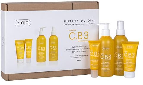Ziaja Pack Rutina Facial Día con Vitamina C.B3 Niacinamida – Set de 4 Productos: Gel Limpiador, Tónico, Sérum y Crema Revitalizante – Efecto Flash, Piel Radiante en 3 Minutos