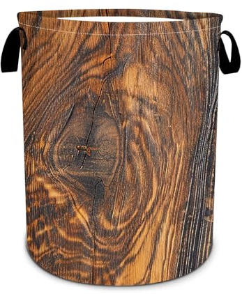 Wood Grain Laundry Basket, Tree Stump Texture Laundry Hamper Funny Tote Bag Dirty Clothes Storage Bucket Toy Organizer for Bathroom/Laundry/Bedroom 15.7x19.6