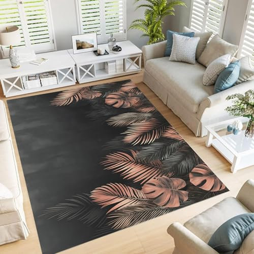 GDJSMIN Washable Rugs, 90 x 150cm Living Room Short Pile Area Rugs for Living Room Outdoor Rug Modern Vintage Rose gold palm leaves Rug Non Slip Boho Rug for Bedroom Machine Washable Rug