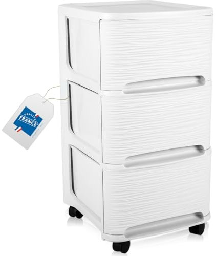 Schubladenschrank mit Rollen Rollcontainer mit 3 Schubladen Rollschrank Kunststoff Rollwagen (Weiß)