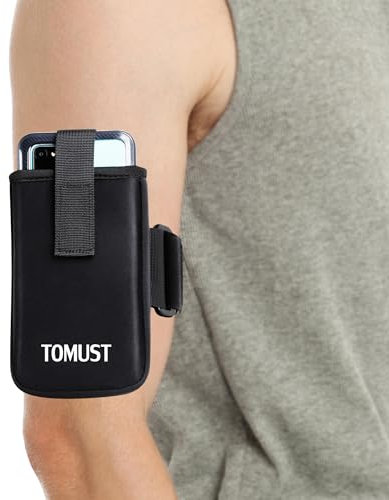 TOMUST Phone Holder with Three Strap, Lightweight Arm Band with Reflective Logo, Elastic Armband Sleeve with Case Fits iPhone and Android, Use for Running, Exercise, Hiking, Fitness, Workouts