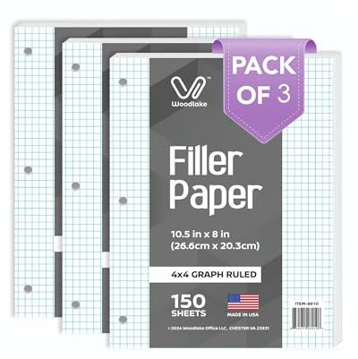 Woodlake Loose Leaf Graph Paper, 4x4 Quad Ruled Notebook Paper, 8 x 10.5” Graphing Paper, 150 Sheets per Pack, 3 Pack Filler Paper, 3 Hole Punched, Made in USA