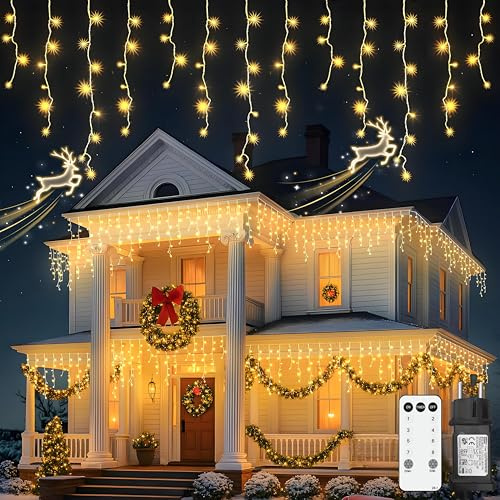 Kimuwote Lichterkette Eisregen Außen, 5M 200LED Lichtervorhang LED mit Timer, LED Eiszapfen, IP45 wasserdicht 8 Modi für Innen Außen Weihnachten, Schlafzimmer, Party, Dachkante, Balkon, Garten Deko