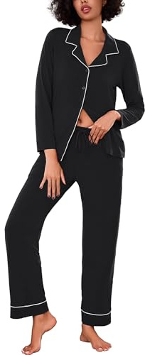 Bresdk Pigiama Donna Invernale Lungo Cotone Scollo V Aperto Davanti con Bottoni e Pantaloni Lunghi Borse Laterali a Maniche Lunghe Due Pezzi Set Pigiami Ospedale Parto con Tasca Nero S