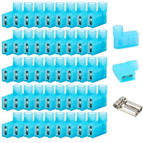 Gebildet 50pcs 90 Degree Nylon Insulated Flag Terminal Female, F Type Wire Crimp Electrical Connector, Full Insulated Female Push On Wire Terminal Blue 16-14 AWG
