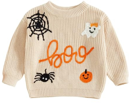 Baby Girl Boy Halloween Knit Sweater Funny Crochet Pumpkin Ghost Spiders Embroidery Pullover Warm Knitwear Fall Winter Clothes (Beige, 3-4 Years)