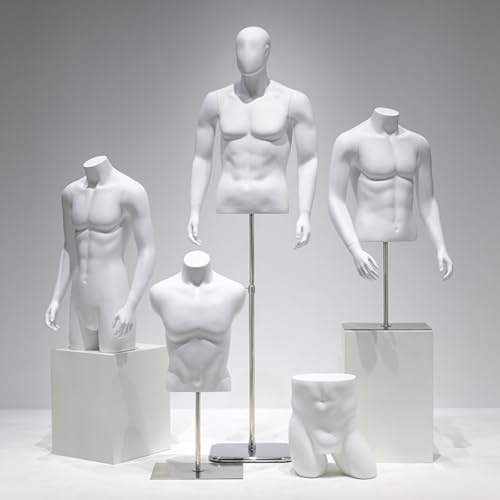 Manichino maschile a torso, manichino a figura intera e mezzo busto con supporto in metallo, espositore regolabile per negozi di abbigliamento al dettaglio(White,Table Mannequin with Hands)