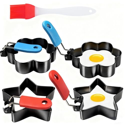 Egg Rings for Frying with Oil Brush, 4 Pcs Stainless Steel Non Stick Egg Moulds with Anti-Scald Folding Handle, Pancake Ring Moulds for Eggs Frying, Shaping, Pancakes, Mini Burger (Flower+Star)