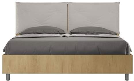 BS COM Letto matrimoniale contenitore doppia alzata 160x190 Quercia cuscini similpelle tortora