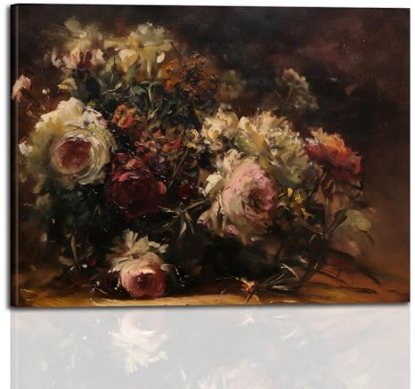 Moody Vintage Dark Tone Rose Flower Oil Painting Wall Art 12x16Inchs - Romantic Gothic Style Classic Floral Canvas Print Picture for Living Room Bedroom Farmhouse Home Decor, Rustic Atmospheric Poster Painting for Office Entryway Wall Decorations