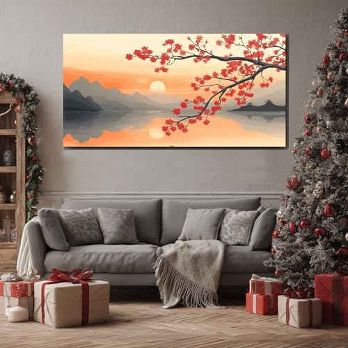 ZORYAN Grand Tableau Mural XXL Japonais Fleur de Cerisier Toile Imprimée pour la Decoration du Salon Oriental Coucher de Soleil Poster Moderne Zen Montagne Photo Artistique Sans Cadre 80x160 cm