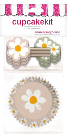 Anniversary House 28 pcs Daisy Cupcake Kit, Decoration Set, 16 Cup Cake Cases and 12 Double-Sided Toppers Decorations, Pastel Pink and Nude and sage Green Coloured Daisy Cupcake kit, J243