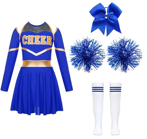 CNYUON Cheerleading, kostymer, uniform, långärmad, dansklänning med hand blommor huvudbonader randiga strumpor för scenframträdande för Cheerleading, klänning (B blå, 10)