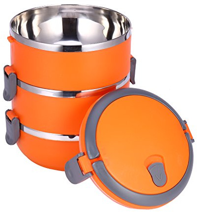 Caja porta almuerzo de nivel térmico aislado con tres capas apilables de acero inoxidable, cajas de comida caliente