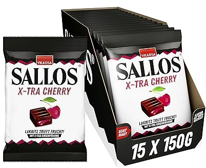 SALLOS X-tra Cherry Vorrats-Pack – Lakritz-Bonbons mit Kirsch-Füllung, aus natürlichem Süßholzsaft, würzig-fruchtige Lakritz-Kombination, vegan, im Vorrats-Pack, 15 x 150 g