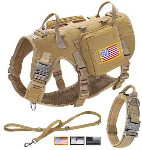 Forestpaw Taktische Hundeweste Geschirr und einfache Kontrolle Training Hundehalsband mit Bungee Hundeleine Set No Pull Militär Hundegeschirr mit Rucksack für mittelgroße große Hunde-Coyote Braun L