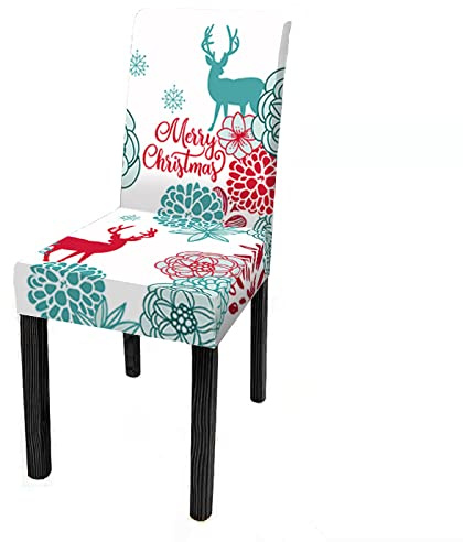 Highdi Stretch Stuhlhussen Weihnachten Rentier Schneeflocke Bedruckter Weihnachten Stuhlbezug, Universal Moderne Waschbar Elastisch Stuhlüberzug für Esszimmer Hotel Deko (Grüne Blume,6er Set)