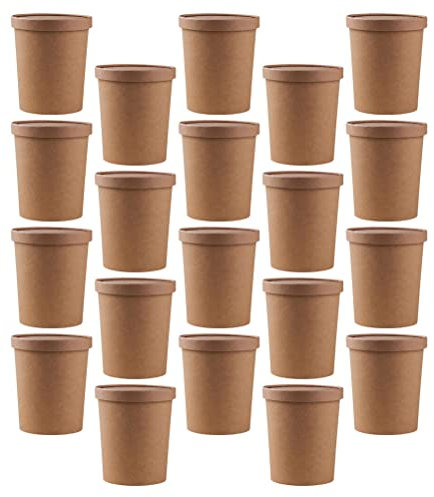 Zerodeko 25sets Disposable Kraft Paper Soup Buckets Porridge Cups Lids for Storage Large Capacity Round Soup Bowls
