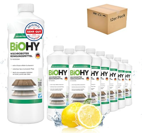 BiOHY Wiping robot cleaning agent (12 x 1l Bottle) | Floor cleaner for wooden floors such as parquet & laminate | streak-free shine on oiled wood | concentrate with fresh fragrance (Wischroboter Holz)