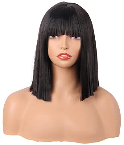 MapofBeauty 12 Pollice/30 cm Lisci Bob Con Flat Frange Corto Colorato Sintetico Capelli Cosplay Party Parrucca (Nero)