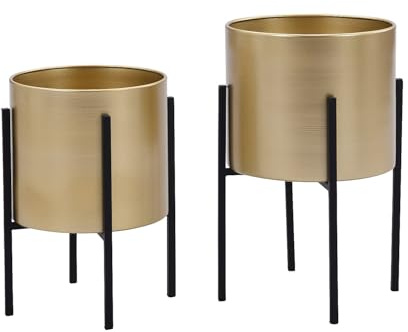 Vente-unique - Lot de 2 Cache-Pots sur Pied en métal - D. 25 x H. 39 et D. 23 x H. 35.5 - Doré et Noir - EDMEE