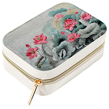 Personalisierte Reise-Mini-Schmuckschatulle, Organizer, Aufbewahrungsbox für Frauen, chinesische Zeichnungen, Lotus, Seerosen, Grau
