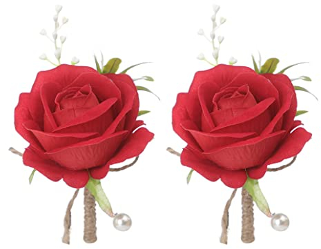 YdseozOA 2pcs Corsage Mariage boutonnière Artificielle Rose Fleurs Bouquet Broche décor pour mariée marié Mariage Bal fête Banquet Rose boutonnière (Rouge)
