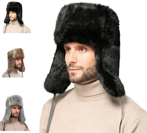 OSMARI Russische Wintermütze aus Kunstfell, Kosakenhut, Unisex, Fliegermütze, Kunstleder, Pilotenkappe, Wintermütze, Ohrenklappe, Eskimo Mütze, Schwarz XXL, L-3XL