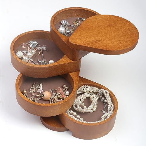 JSVER Petite Boîte à Bijoux pour Femme,Organisateur de Bijoux en Bois Moderne,Bijoux Boîte de Rangement 4 couches Rotatif,Cadeau fille Cadeau fête des mères Cadeau d'anniversaire, Cadeau de Noël