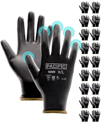 PACIFIC 18 pares de guantes de seguridad con revestimiento de poliuretano, guantes de trabajo multiusos, para hombre, punto sin costuras, agarre potente, negro, L/9