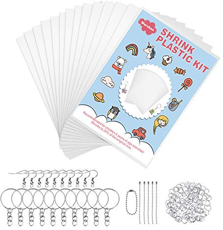 Warckon 149 Pieces Shrink Plastic Sheet Kit Include 24 PCS Shrink Paper with 125 PCS Keychains Accessories for Kids Creative Craft