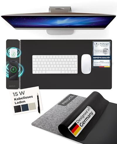 Pinocs Schreibtischunterlage mit Ladefunktion für iPhone/AirPods/Android; Multifunktional; Leder/Filz; Schnellladen; Links/Rechtshänder; Minimalistische Schreibtischmatte; Desk mat; mauspad