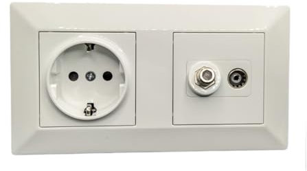 Jandei - Enchufe Schuko 2P+T 16A y Enchufe SAT TV + TV socket, Decoración Elegante Pared Interior, Fácil de Instalar, Incluye Marco y Mecanismo, Policarbonato Color Blanco
