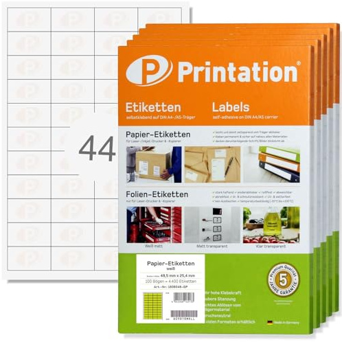 Printation Amazon FBA Etiketten 48,5 x 25,4 mm 44-22000 Aufkleber auf 500 Blatt DIN A4-4x11 48,5x25,4 Universal Papier Labels blanko weiß selbstklebend - SKU Barcode Produkt Artikel Sticker 48x25
