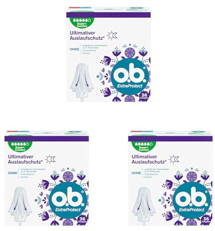 o.b. ExtraProtect Super + Comfort (36 Stück), Tampons für sehr starke Tage, Dynamic Fit Technologie & extra Schutzflügel für bis zu 100% Auslaufschutz während der Periode (Packung mit 3)