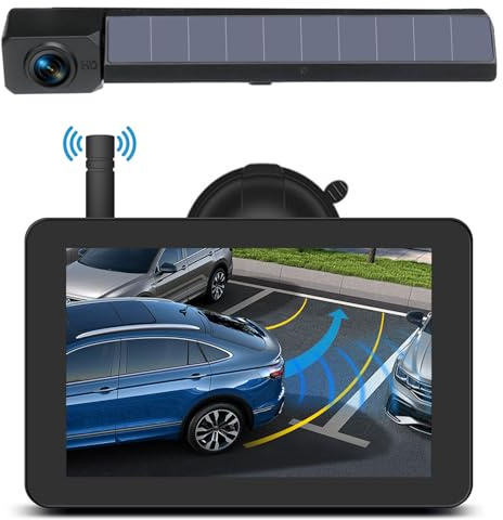 OBEST Kabellose Solar-Rückfahrkamera mit 5-Zoll-Display, Rückfahrkamera für Auto mit Nachtsicht, wiederaufladbarer Akku 4800 mAh, einfache Installation