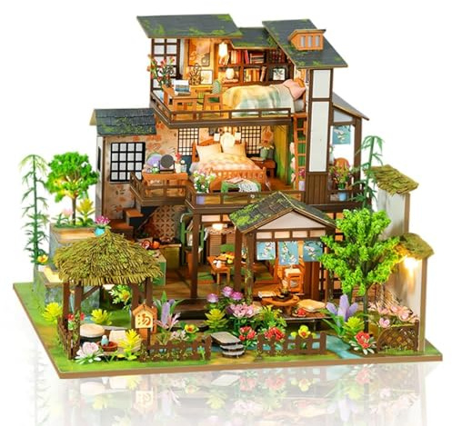 Cuteefun Casa de Muñecas de Madera con LED, Manualidades de Madera para Adultos Adolescentes para Construir, Regalos de Cumpleaños y Navidad (Patio de Bambú)