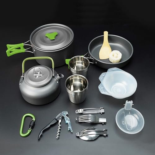 Walkervo Set di Pentole da Campeggio Gavette per 2-3 Persone Leggero E Compatto Posate Pieghevoli con Bollitore Tazze in Acciaio Inox E Moschettone per Campeggio Picnic,Green