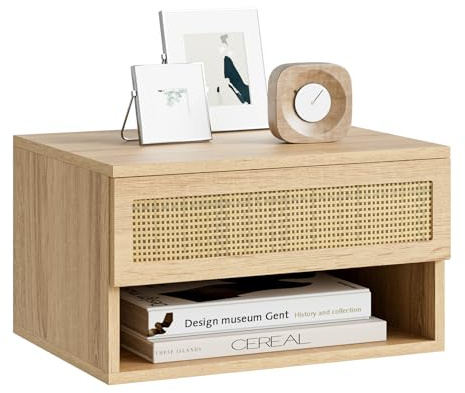 HEYZOEY Floating Bedside Table, Small Modern Floating Nightstand with Drawer, Floating Shelves for Bedroom, Bathroom (Oak Rattan)