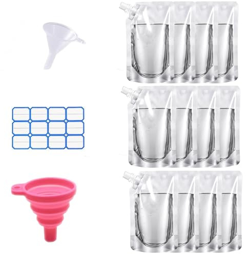 Akliocss 12 pcs 500ml Drink Pouches with 2 Funnel Plastic Drink Flasks Leak Proof Plastic Hip Flask with Spout for Travel, Outdoor Sports