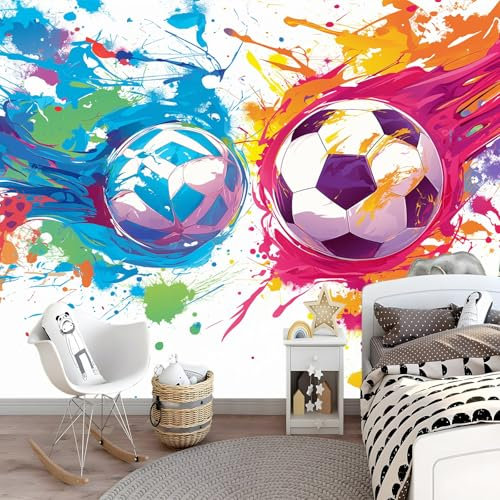 Papel Pintado de Tela No Tejida, Pelota de fútbol en garabatos Papel Pintado Impreso de Fondo, Blanco Revestimiento Decorativo de Tela No Tejida para Sala de Estar Y Dormitorio 250 x 175 cm