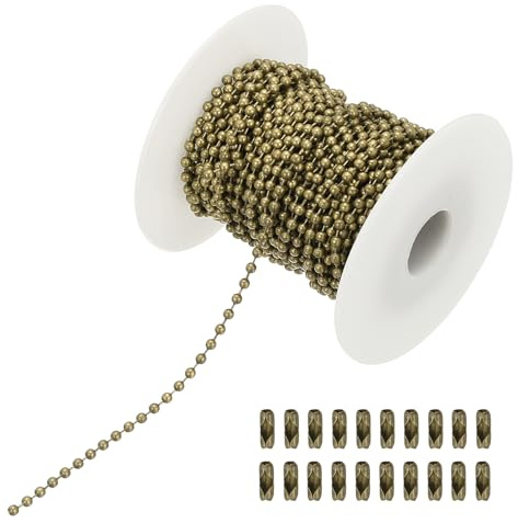 PATIKIL 10m/32.8ft Beaded Ball Chain, 2.4mm Stainless Steel Pull Chain Extension with 20 Pcs Connectors for Tag Chain, Keychain Rings, DIY Crafts, Bronze