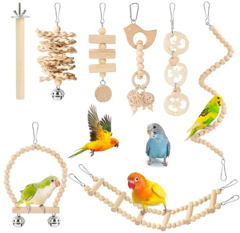 Pethee 8 Stück Vogelspielzeug für Sittiche Wellensittiche, zum Aufhängen, Kauspielzeug für Papageien Vogelschaukel Glocken Schaukelspielzeug aus Holz Vogelkäfig für Conures Liebesvögel Nymphensittiche