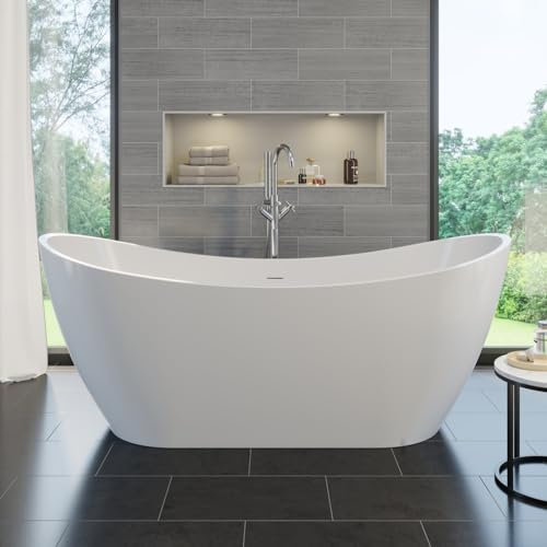BAYSTONE® 1700 x 730mm Freestanding Double Ended Bath Tub White Gloss Acrylic Luxury Curved for Bathroom Modern Includes Waste