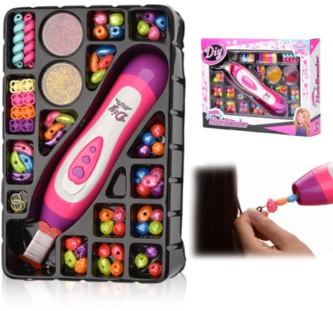 IKOPFLN Haarschmuck für Mädchen, DIY Haarflechtmaschine mit bunten Perlen und Kamm, kreatives Frisuren-Spielzeug für Kinder, Haarschmuck Set für Mädchen ab 5 bis 10 Jahren,Geschenk für junge Mädchen