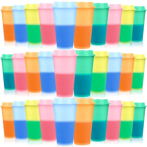 MSYU 30 Pack Colour Changing Cups with Lids, 470ml Reusable Plastic Tumblers, Cold Drink Sippy Cups for Birthday Party Favours, Picnics & Summer Events, BPA Free, Multi-Coloured