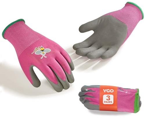 Vgo... 3 Paia Bambini Giardinaggio Guanti Età 3-9| Naturale Lattice Grip|Traspirante Cantiere&Sicurezza Guanti Fai Da Te, Lavabile In Macchina Per Gioco All'Aperto (3 Paia,taglia XS,Viola,RB6013-KID)