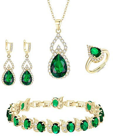EleQueen Cubic Zirconia Pear-Shaped Anhänger Halskette Leverback Ohrringe Verstellbare Ringe Tennis Armband Set für Frauen, Hochzeit Brautschmuck Set für Bräute bridemaids Grün Gold-Ton